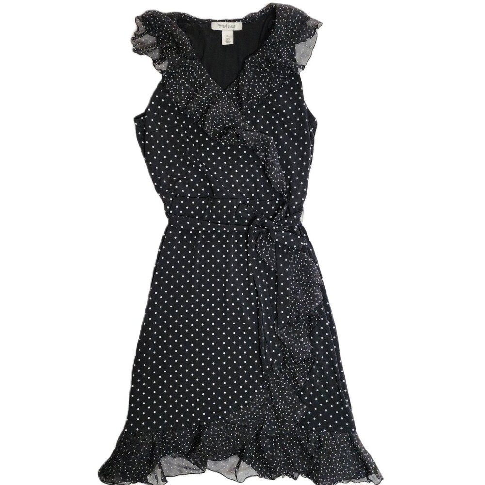 White House Black Market B&W Flutter V-Neck Wrap Look Polka Dot Dress Size 0